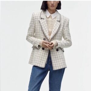 Zara Double Breasted Tweed Texture Weave White Casual Blazer Jacket Women’s Sz M